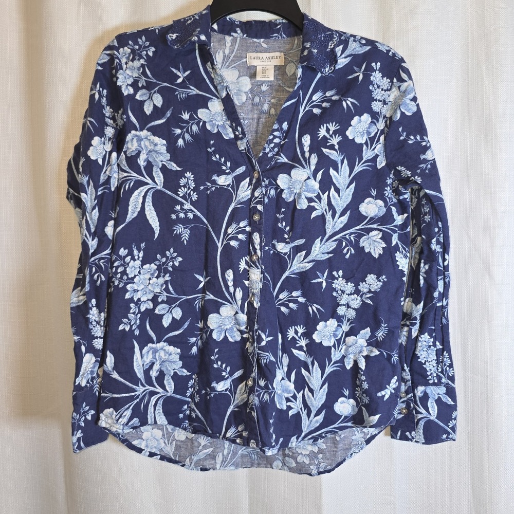 Women Linen Blend Blue Floral Top Shirt Blouse Small Laura Ashley